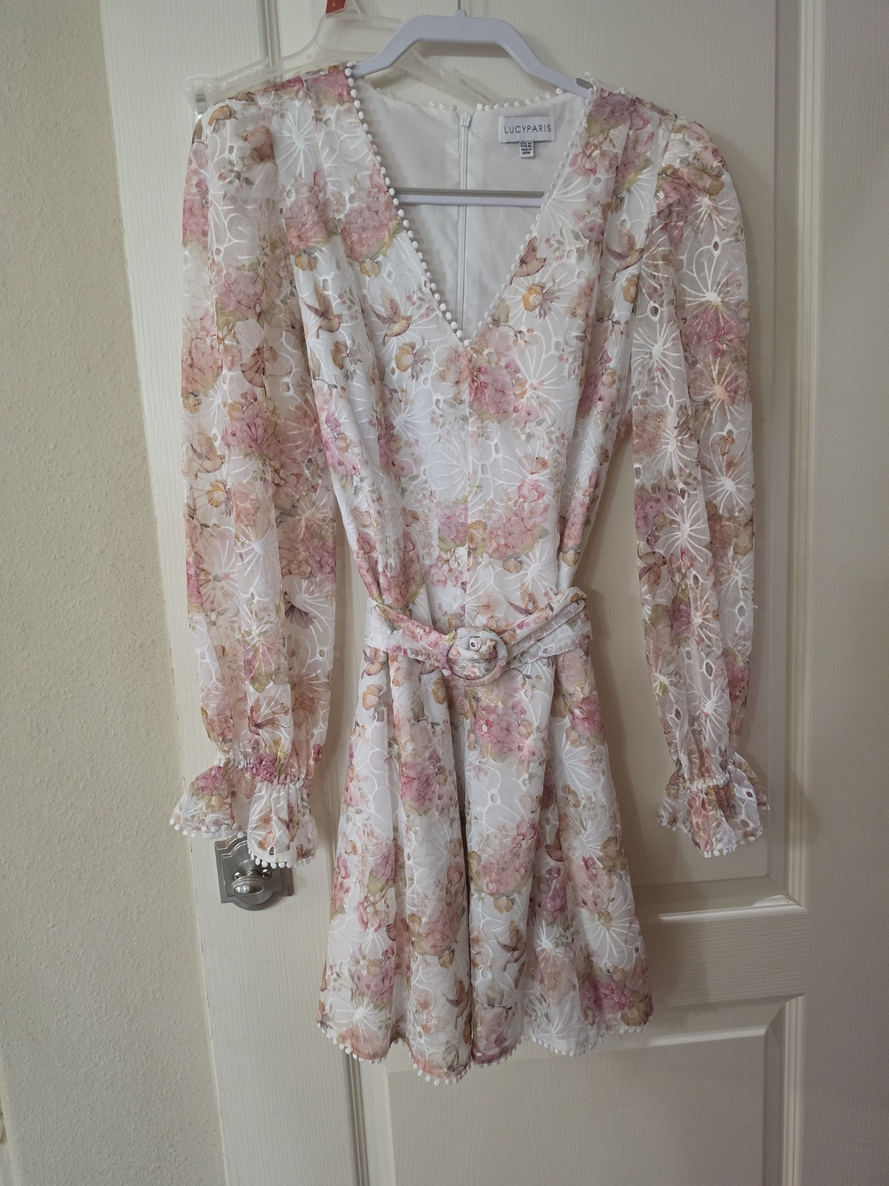 Lucy Paris White Floral Lace Midi Dress with Pink & Cream Accents